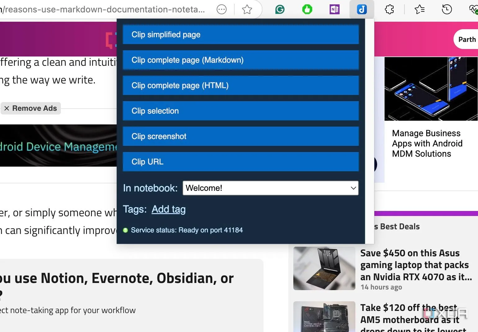 Tùy chọn cắt nội dung trang web từ tiện ích Joplin Web Clipper để lưu vào sổ tay.