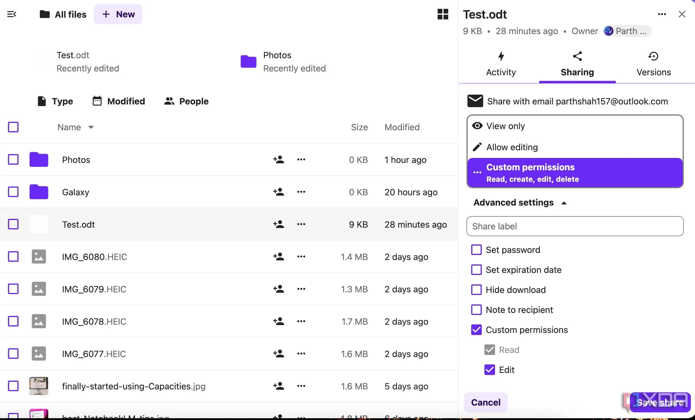 Tùy chọn chia sẻ file trong Nextcloud