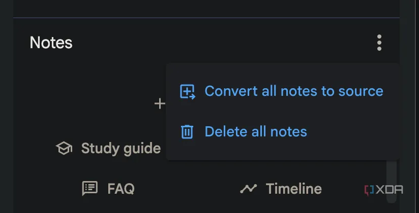 Tùy chọn &quot;Convert all notes to source&quot; trong NotebookLM, giúp tổng hợp các ghi chú thành một nguồn duy nhất để AI xử lý hiệu quả.