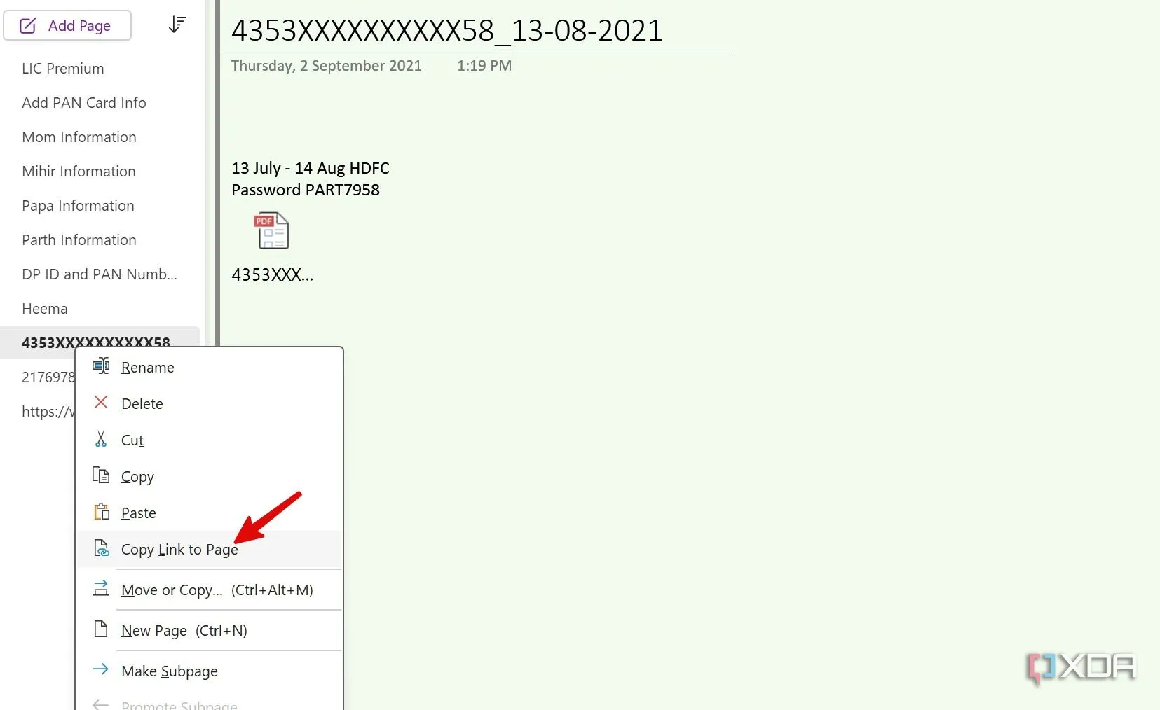 Tùy chọn 'Copy Link to Page' khi nhấp chuột phải vào ghi chú trong OneNote, hỗ trợ liên kết các trang nội dung.