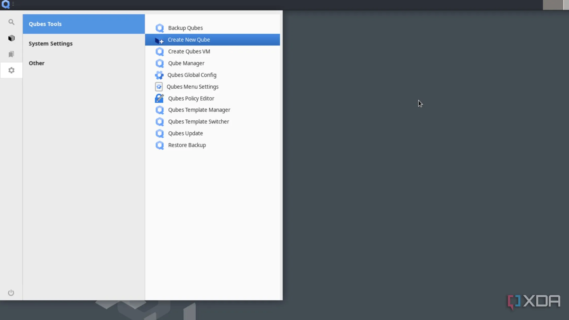 Tùy chọn Create New Qubes trong Qubes OS