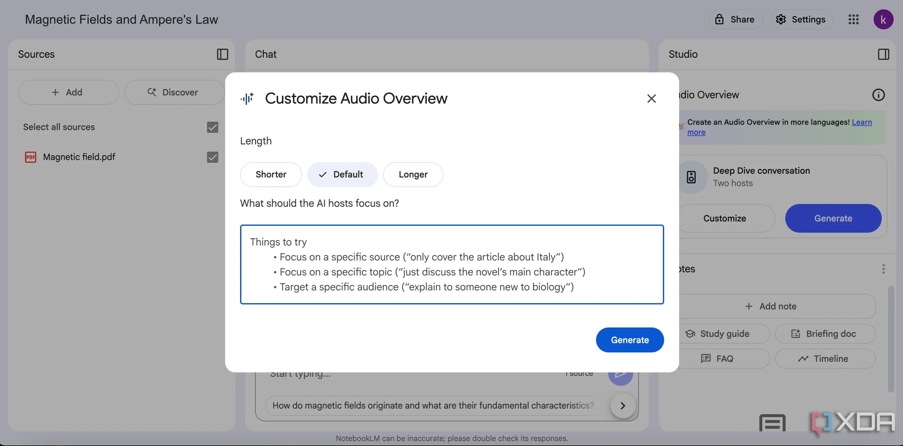 Tùy chọn độ dài (Shorter, Default, Longer) cho Audio Overviews trong NotebookLM, giúp tùy chỉnh podcast AI.