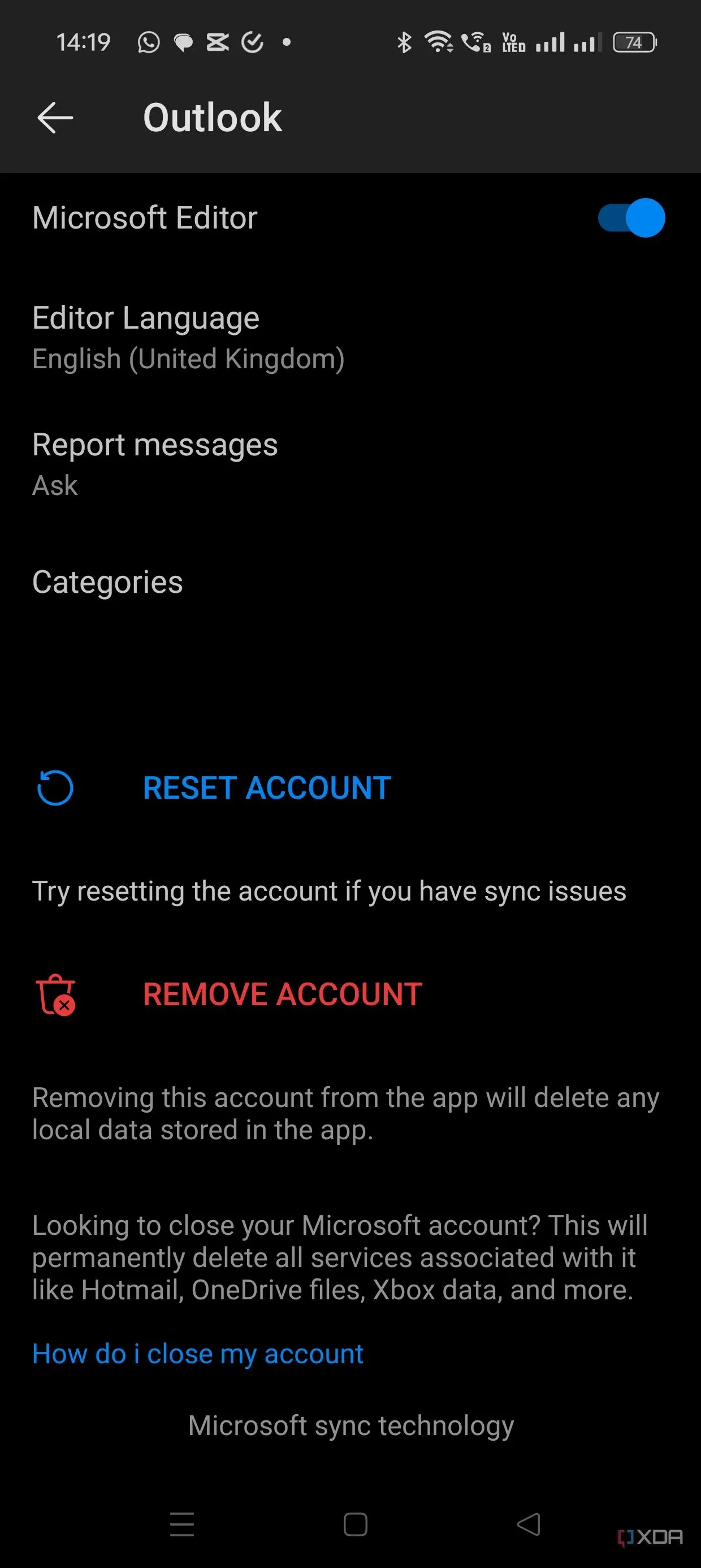 Tùy chọn gỡ bỏ tài khoản trong ứng dụng Outlook trên điện thoại