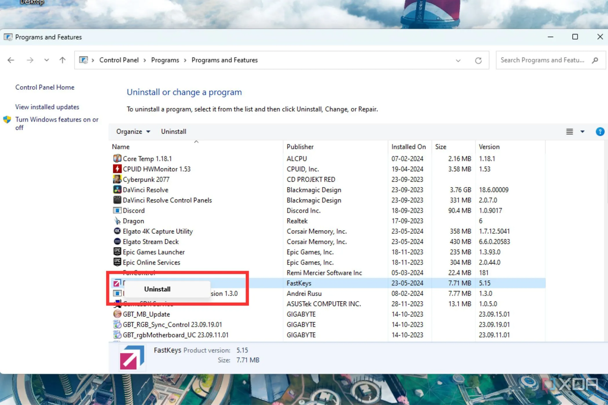 Tùy chọn gỡ cài đặt chương trình trong Control Panel của Windows, giúp loại bỏ phần mềm lạ hoặc độc hại