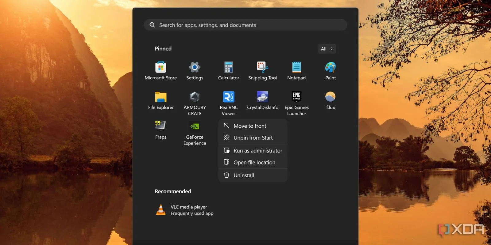 Tùy chọn gỡ cài đặt ứng dụng từ Start menu Windows 11, hiển thị quy trình hiện tại