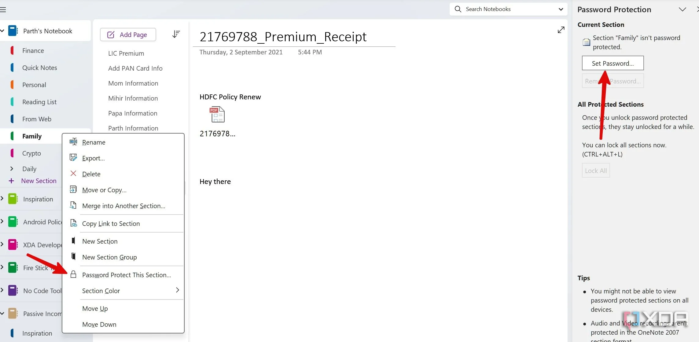Tùy chọn 'Password Protect This Section' trong OneNote, cho phép bảo mật các phần ghi chú quan trọng bằng mật khẩu.