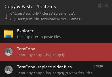 Tùy chọn sử dụng TeraCopy hiển thị trong menu ngữ cảnh của Windows Explorer khi người dùng thực hiện thao tác sao chép hoặc dán file.