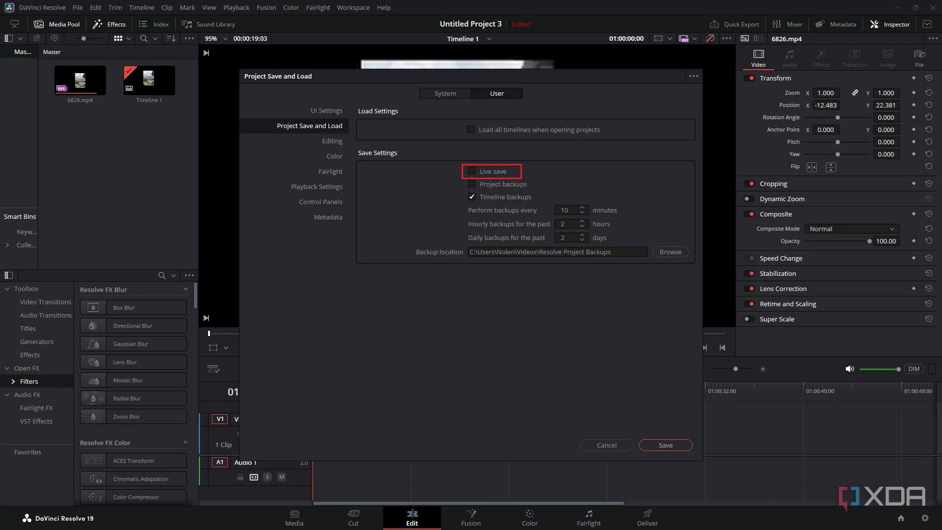 Tùy chọn vô hiệu hóa Live Save trong mục Project Save and Load của DaVinci Resolve Preferences.