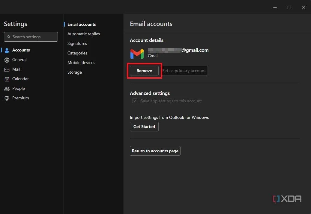 Tùy chọn xóa tài khoản trong ứng dụng Outlook trên Windows