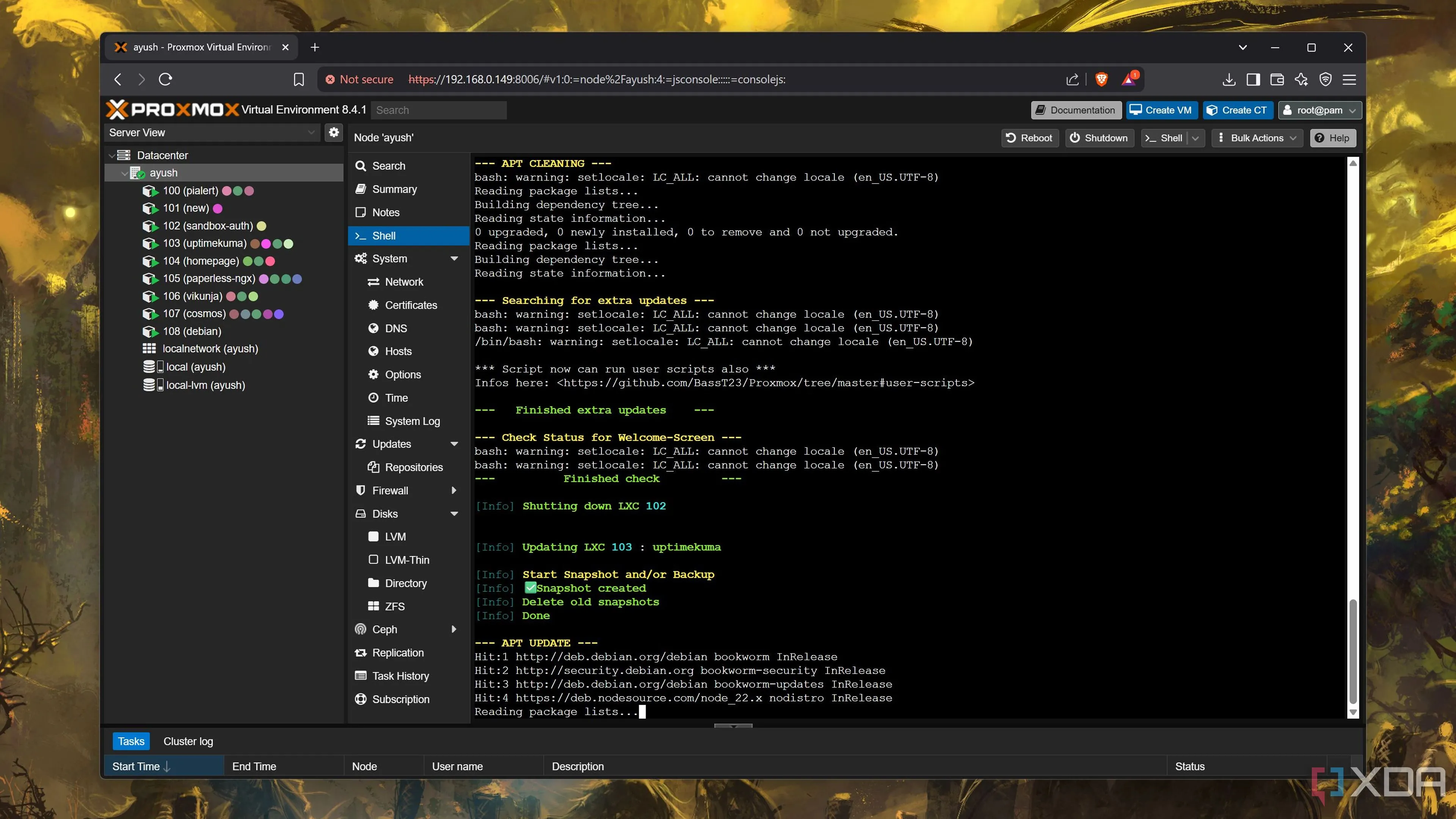 Ultimate Updater script đang cập nhật các container LXC trên hệ thống Proxmox