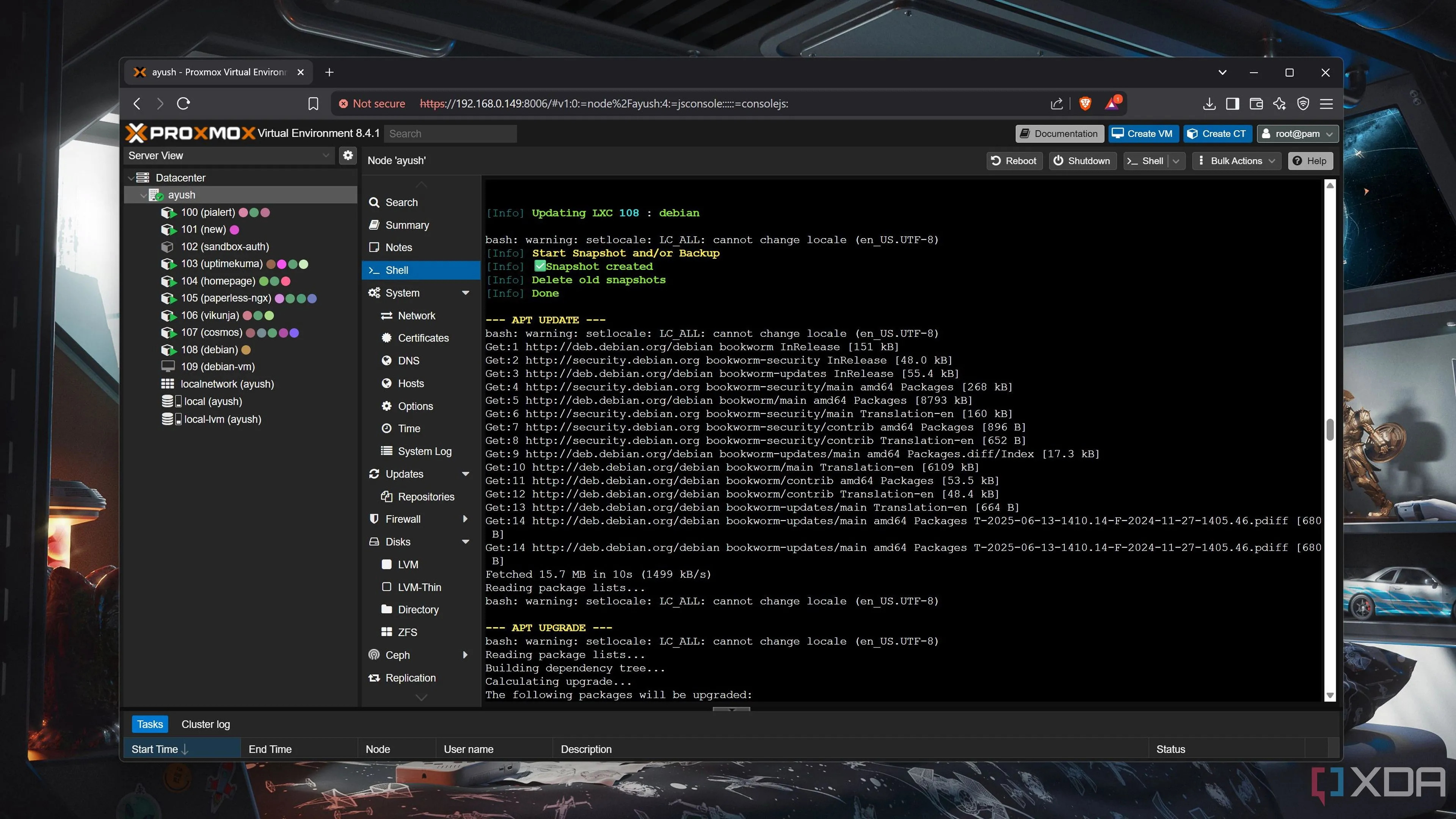 Ultimate Updater script tự động cập nhật các máy ảo và container, hiển thị trạng thái hoàn thành