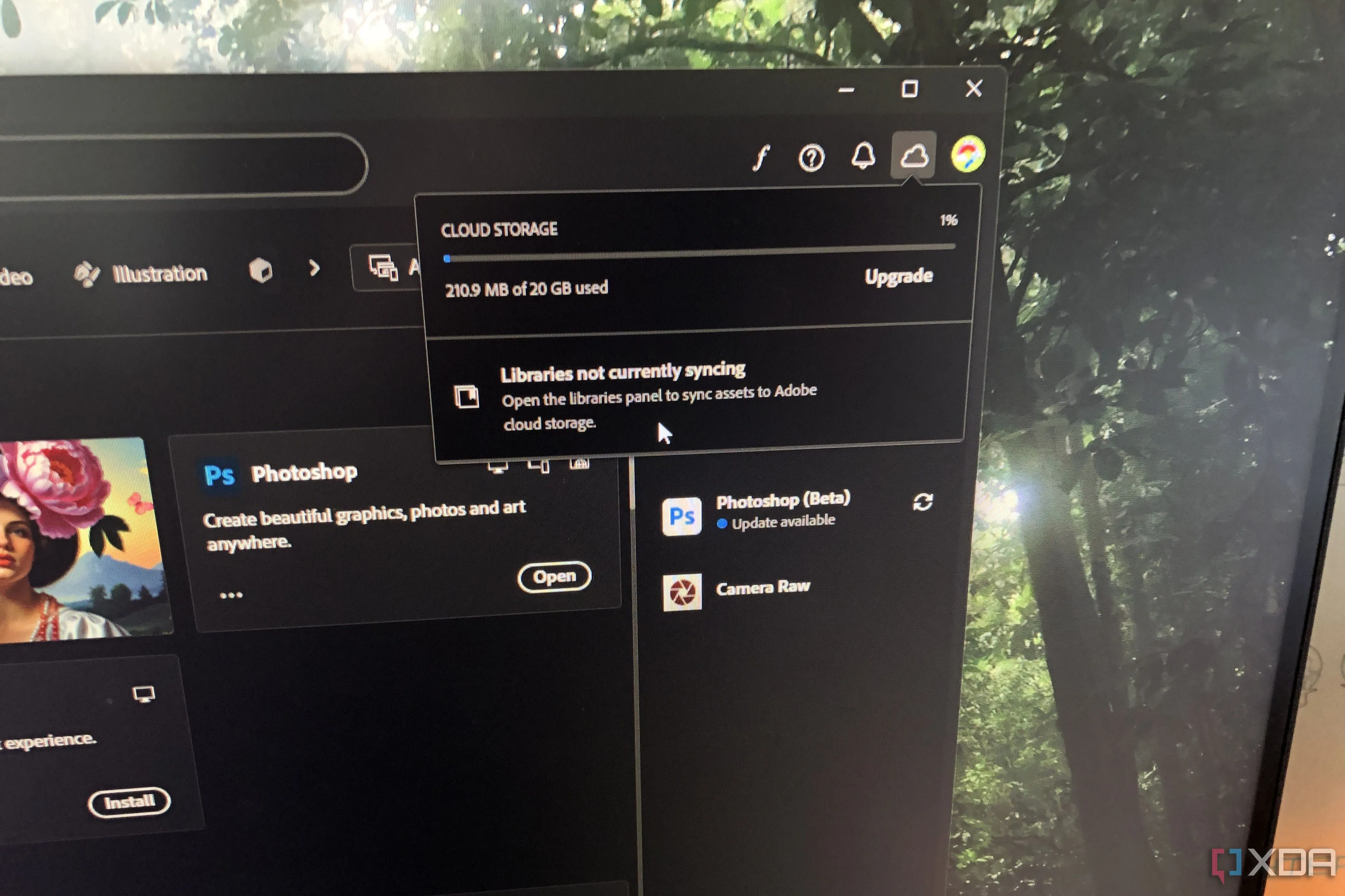 Ứng dụng Adobe Creative Cloud hiển thị thông báo lỗi đồng bộ hóa thư viện, minh họa vấn đề kết nối và cập nhật dữ liệu.