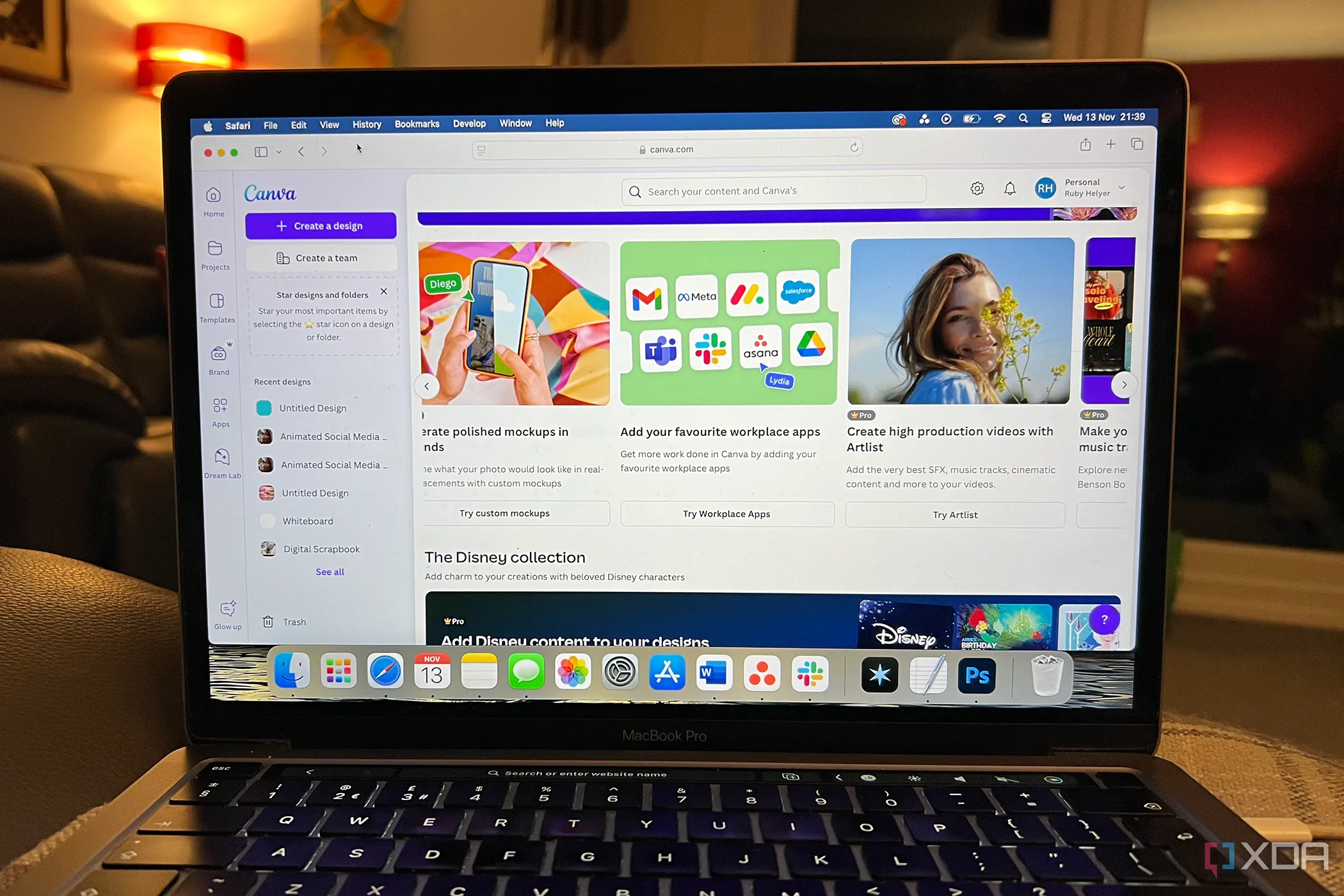 Ứng dụng Canva trên MacBook Pro hiển thị các thiết kế đa dạng
