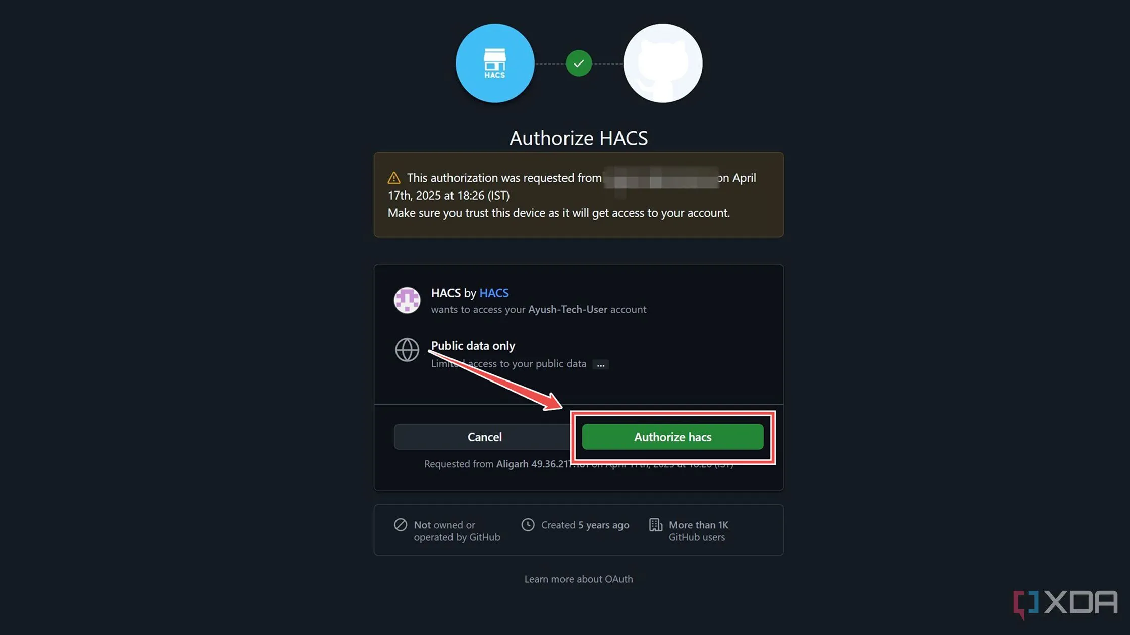 Ủy quyền HACS kết nối với tài khoản GitHub để hoàn tất quá trình thiết lập Home Assistant Community Store