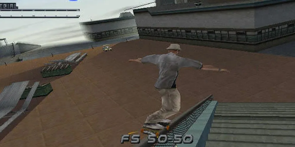 Vận động viên trượt ván Tony Hawk thực hiện động tác grind trên đường ray trong Tony Hawk's Pro Skater 2