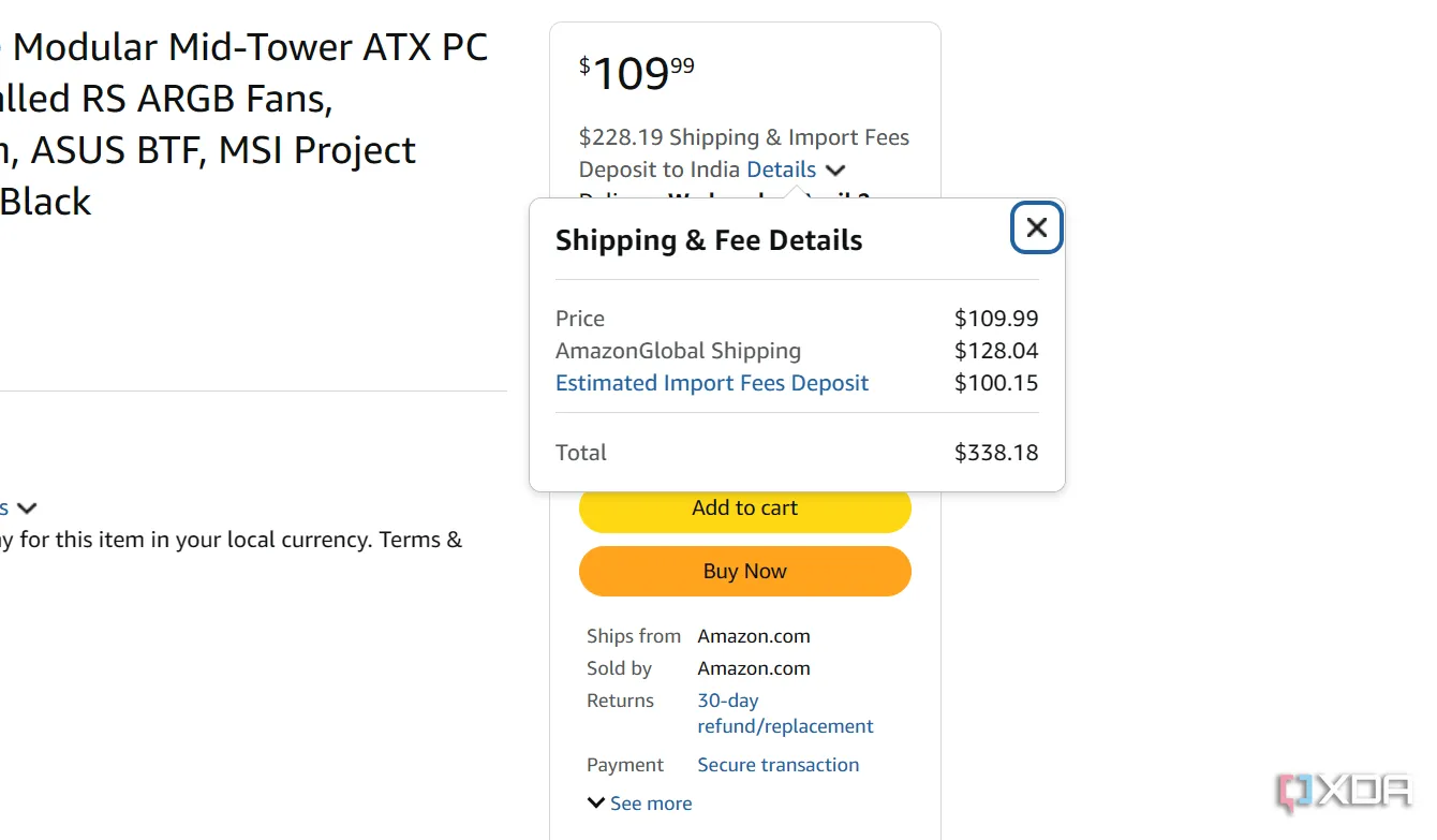 Ví dụ về chi phí vận chuyển cao khi mua vỏ case PC từ Amazon.