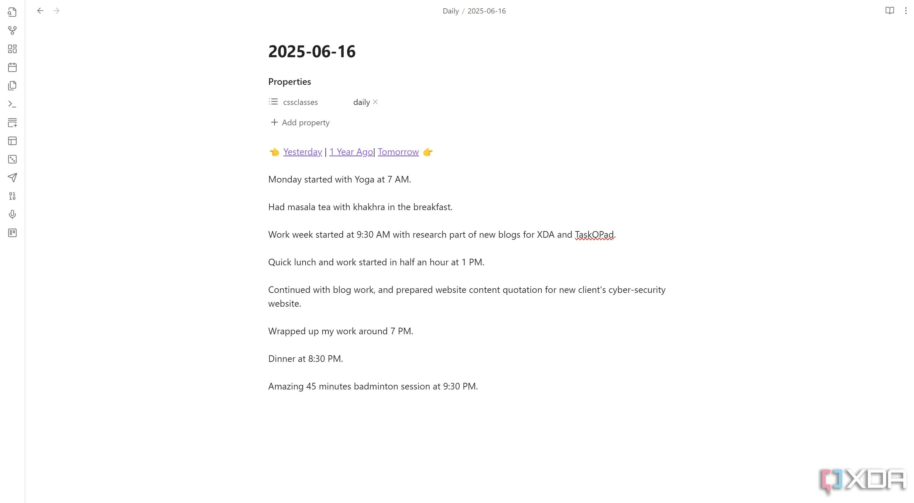Ví dụ về Daily Notes CSS snippet trong Obsidian với điều hướng thông minh