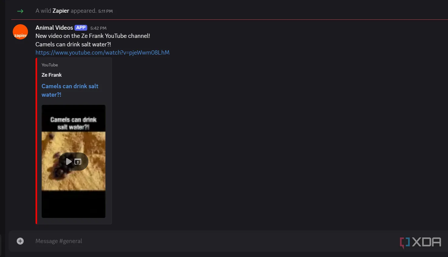 Ví dụ video YouTube mới được tự động gửi đến kênh Discord bằng Zapier.