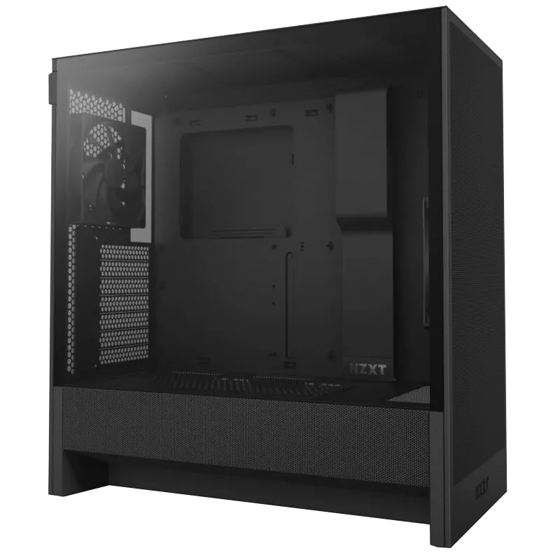 Vỏ case NZXT H5 Flow (2024) màu trắng đen, với mặt lưới thông thoáng và các quạt tản nhiệt bên trong.