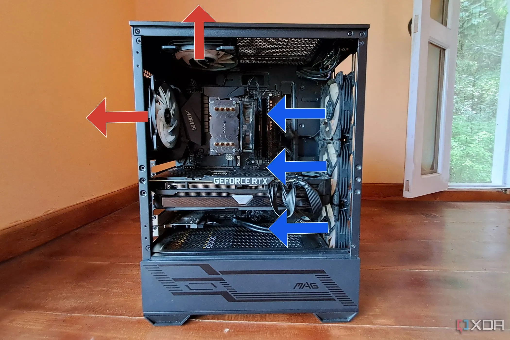 Vỏ case PC MSI MAG Forge 110R với ba quạt hút và hai quạt xả, minh họa cấu hình luồng khí lý tưởng