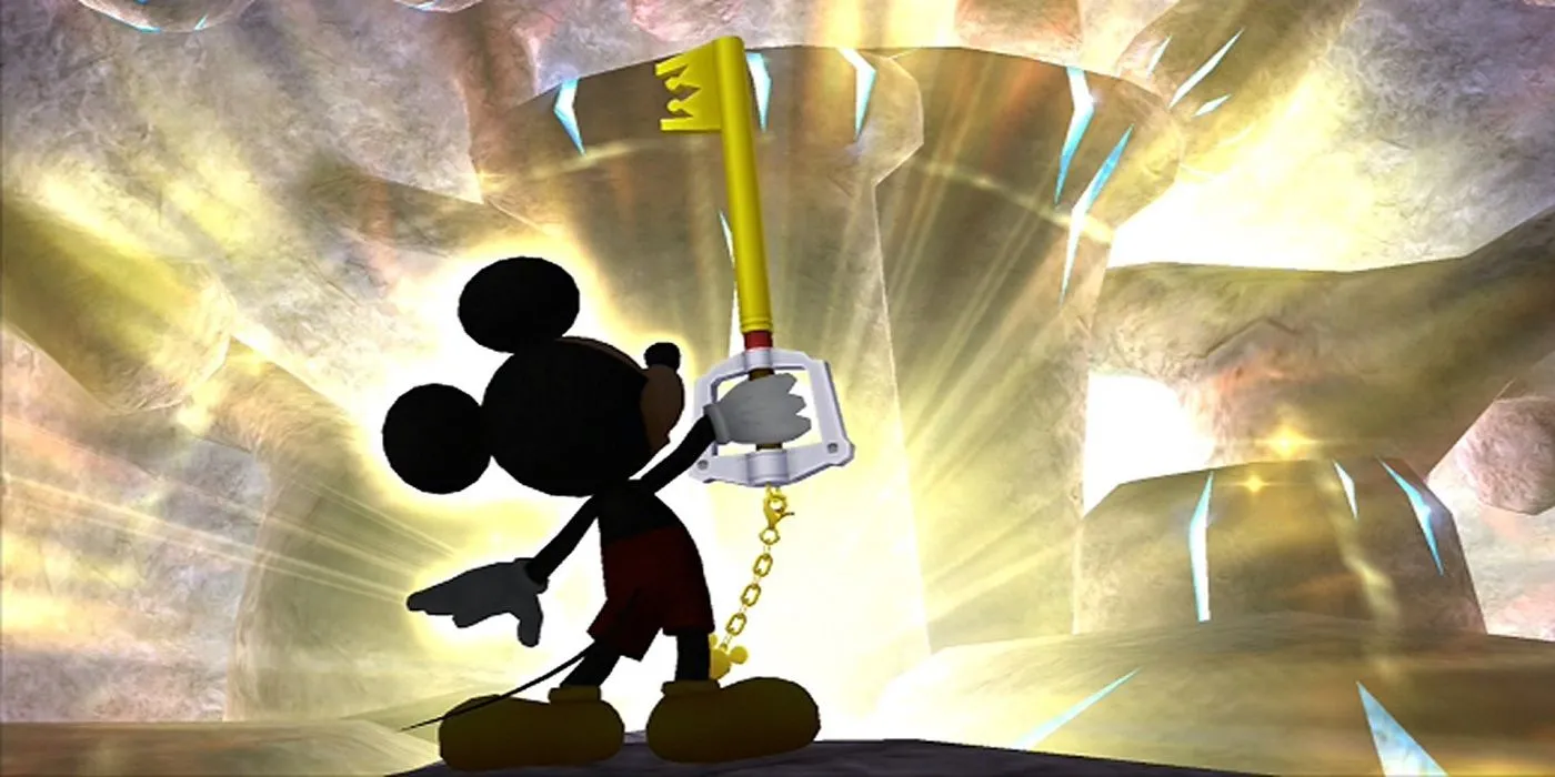 Vua Mickey cầm Keyblade huyền thoại trong series Kingdom Hearts