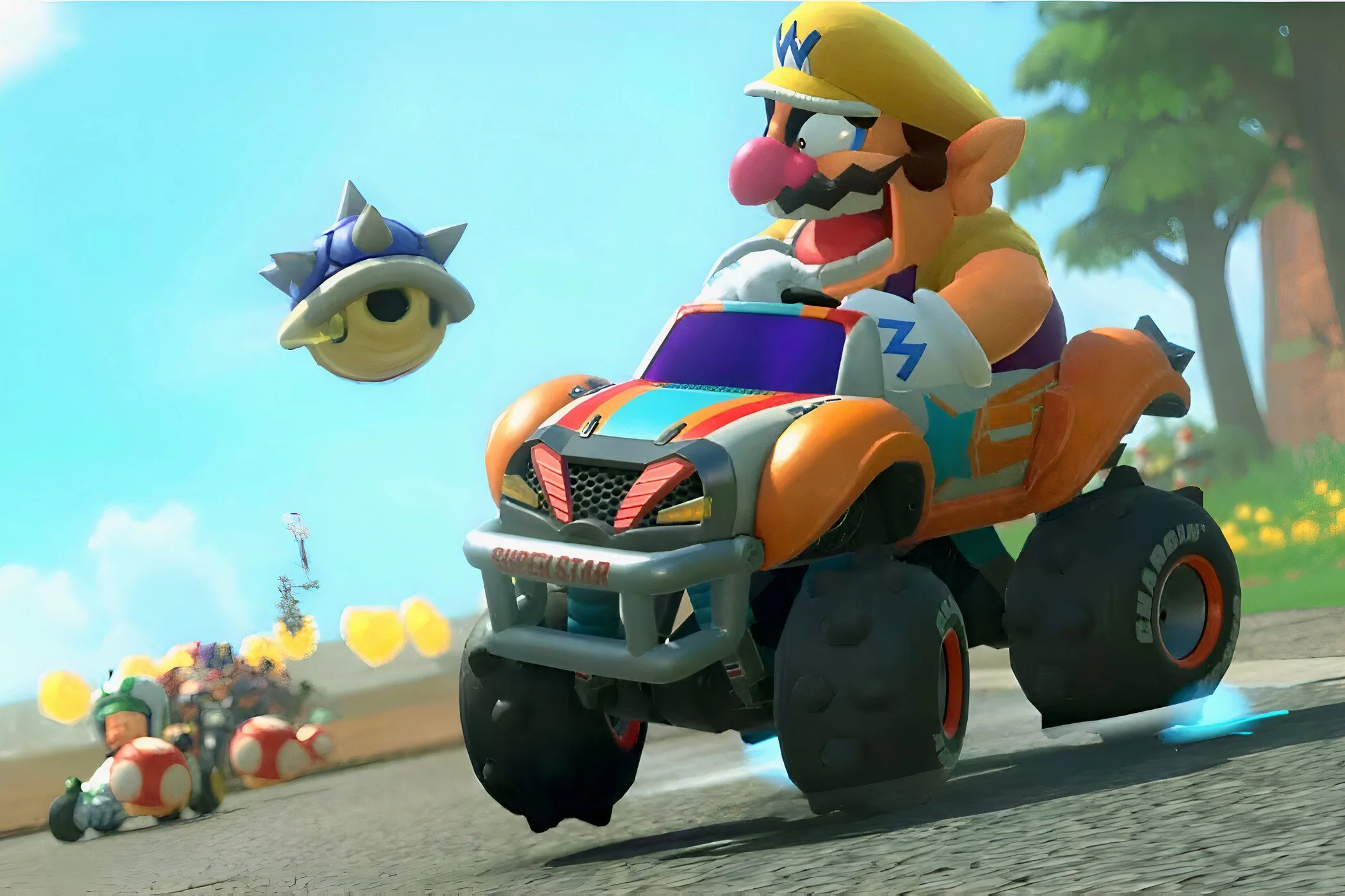 Wario hoảng sợ trước Blue Shell đang bay tới trong game Mario Kart