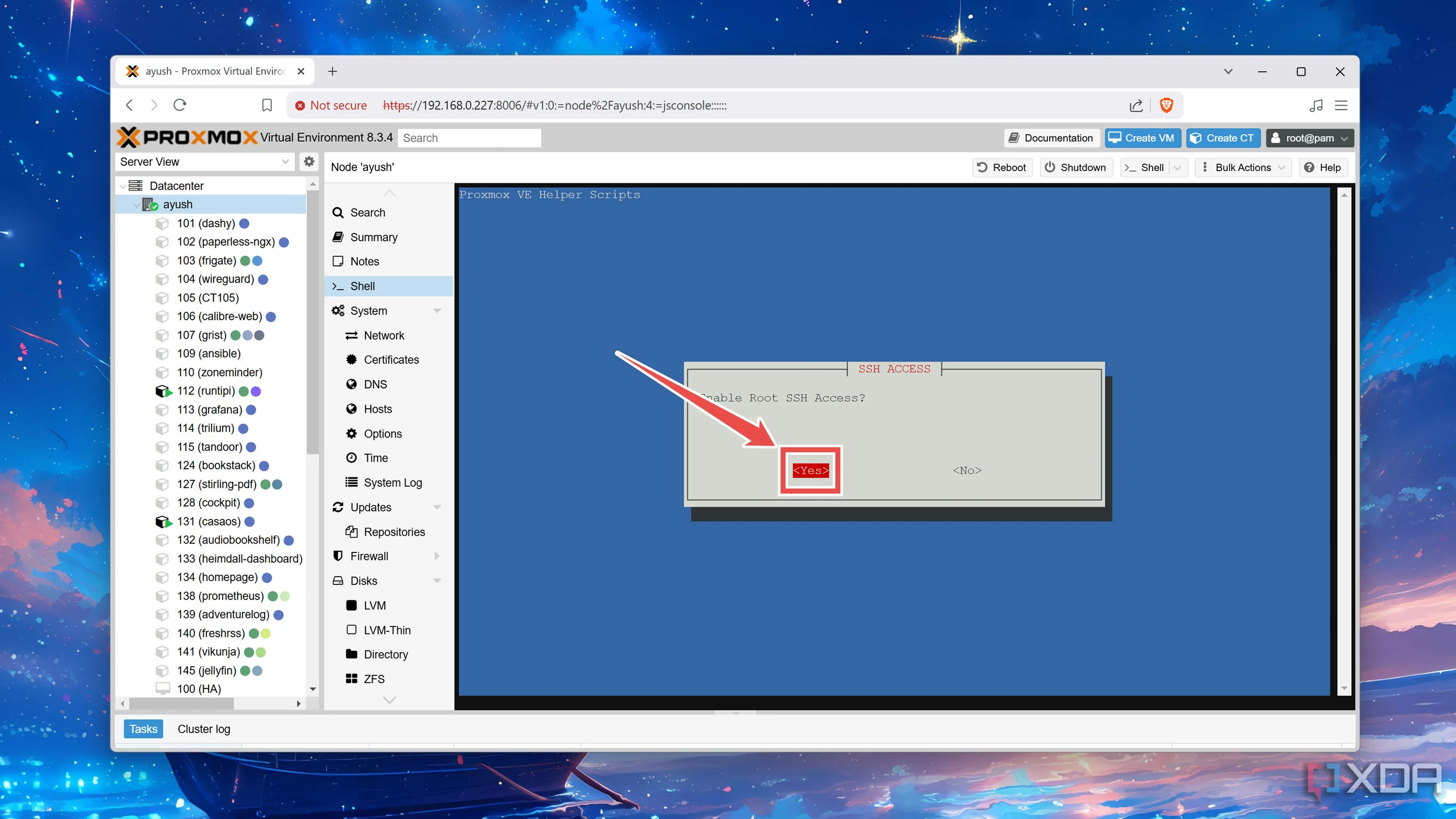 Xác nhận kích hoạt quyền truy cập Root cho container Jellyfin LXC đã tạo trên Proxmox