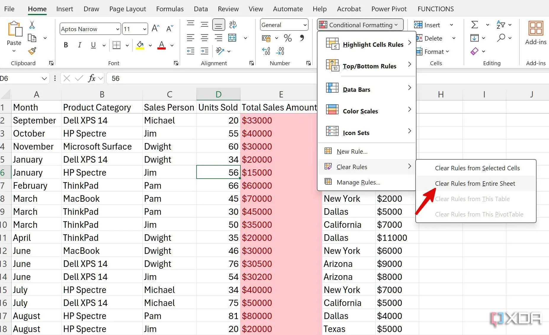 Xóa các quy tắc định dạng có điều kiện trên toàn bộ trang tính Excel