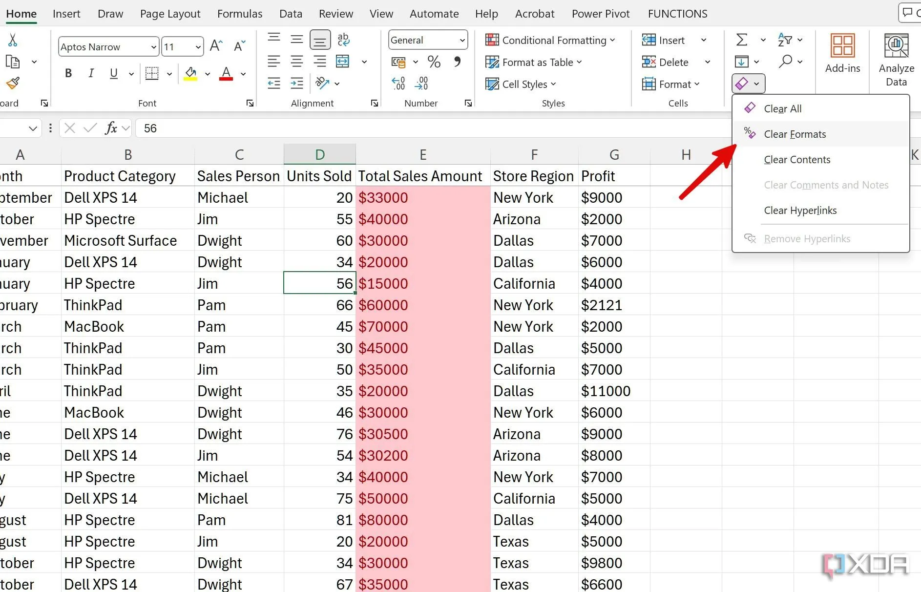 Xóa tất cả định dạng của dữ liệu đã chọn trong Excel bằng Clear Formats