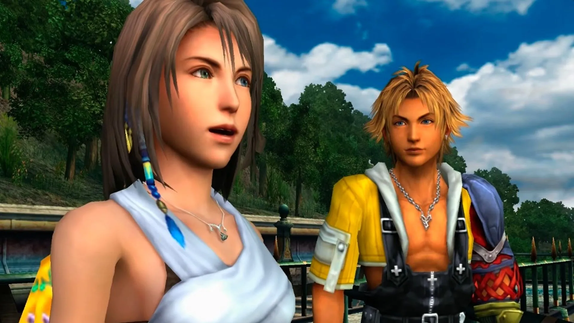 Yuna bật cười cùng Tidus trong Final Fantasy X, thể hiện sự nỗ lực vượt qua khó khăn