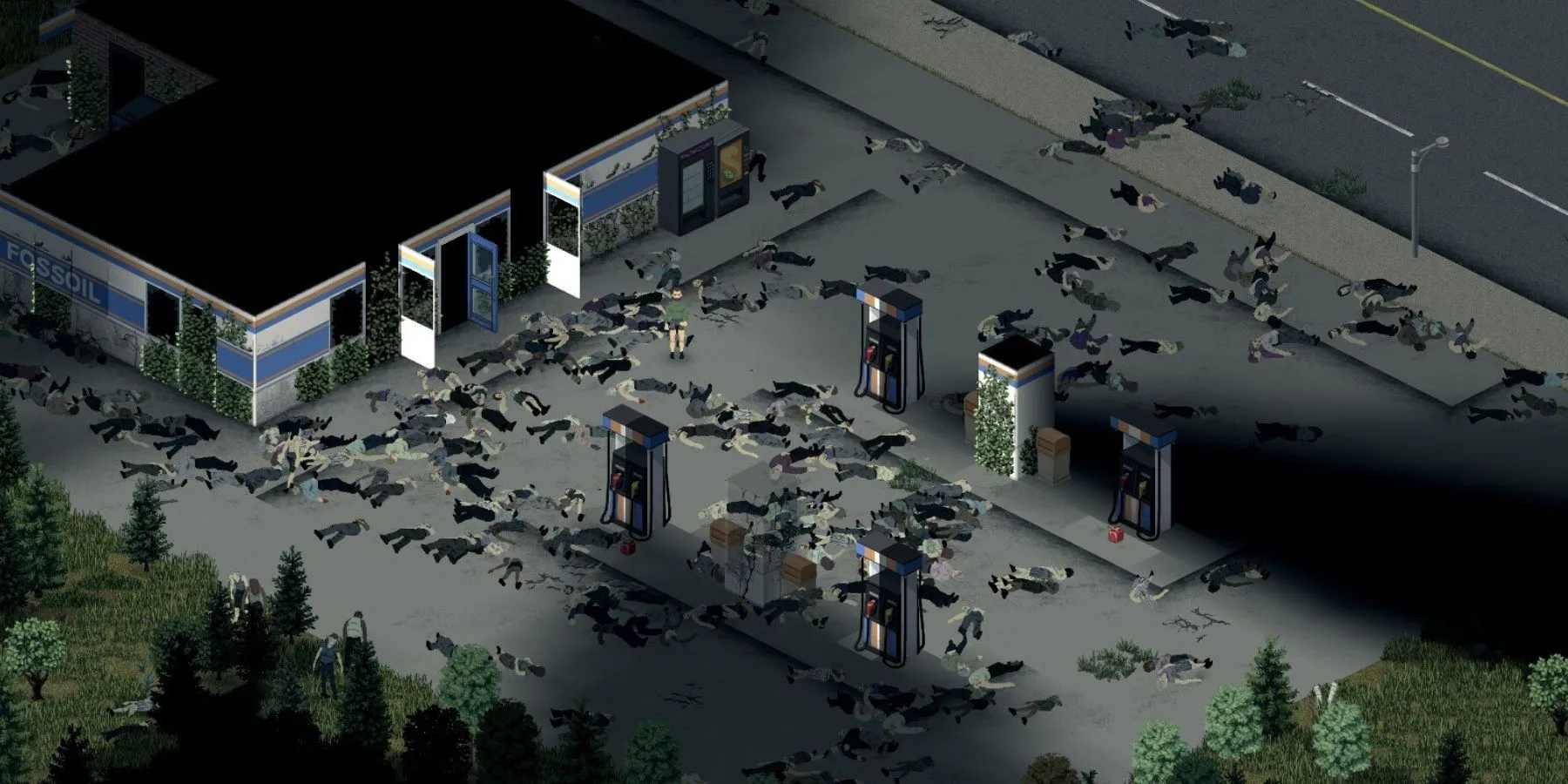 Zombies tập trung tại trạm xăng trong thế giới Project Zomboid